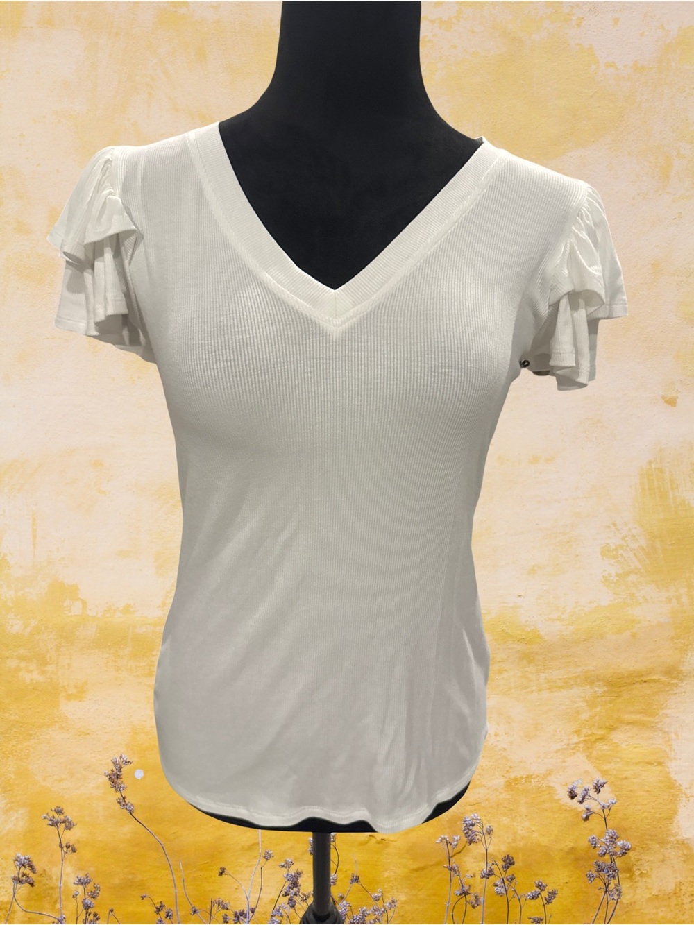 1. State White V-Neck Ruffle Sleeve Tee